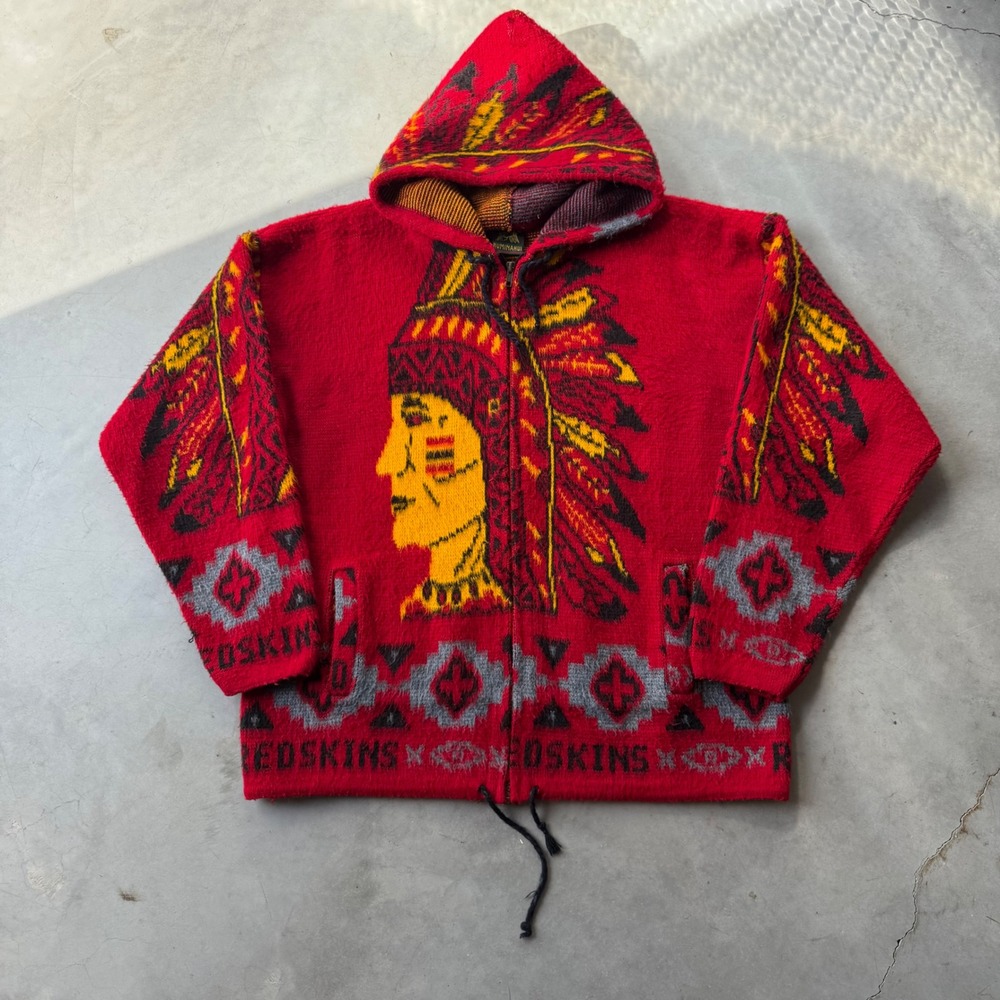 Vintage Ruminahui Red Knit Hoodie Sweater Mens Large Indigenous Chief Full Zip